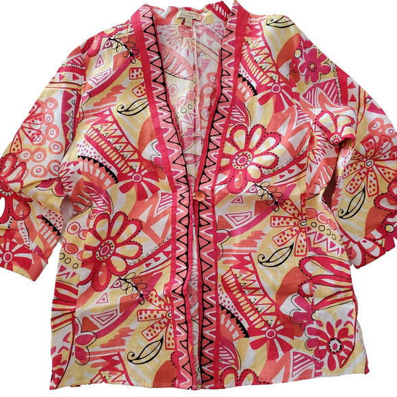 Choices Womens Linen Blazer Top Size M Pink Floral 3/4 Sleeve 1-Button Hippie - Picture 1 of 10